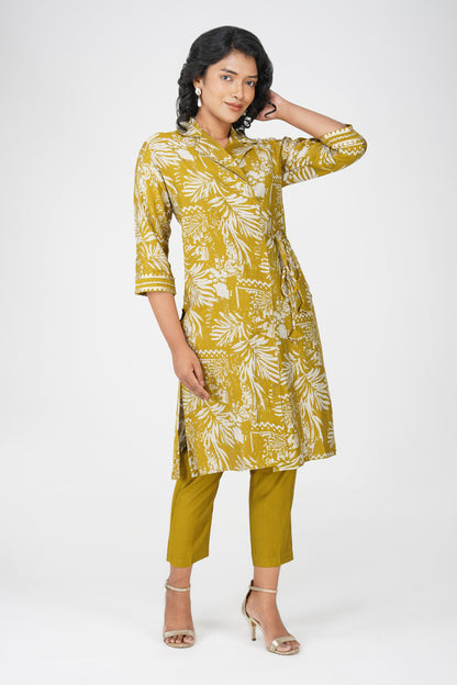 Laila Co-ord Set – Yellow Green Printed Jacket Style Top with Solid Pants (2-Piece Set)