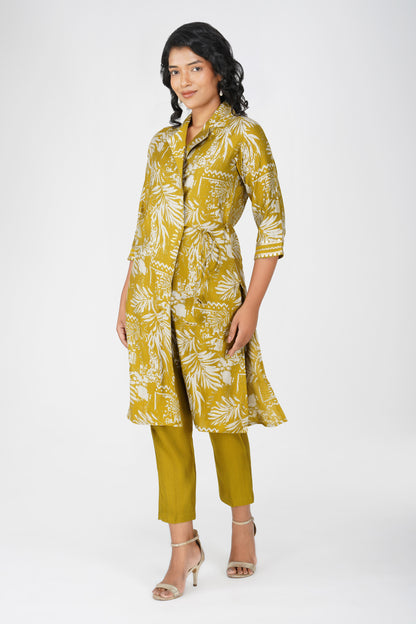 Laila Co-ord Set – Yellow Green Printed Jacket Style Top with Solid Pants (2-Piece Set)