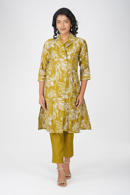 Laila Co-ord Set – Yellow Green Printed Jacket Style Top with Solid Pants (2-Piece Set)