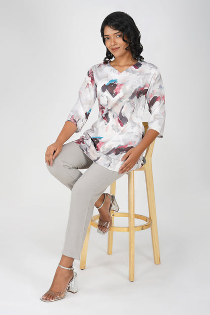 Grey Swarovski Tunic Co-ord – Printed Casual Set with Straight Pants
