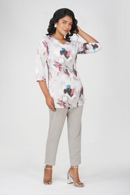 Grey Swarovski Tunic Co-ord – Printed Casual Set with Straight Pants