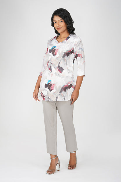Grey Swarovski Tunic Co-ord – Printed Casual Set with Straight Pants