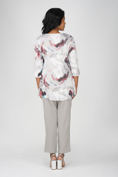 Grey Swarovski Tunic Co-ord – Printed Casual Set with Straight Pants