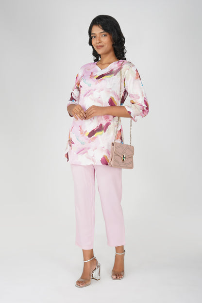 Pink Swarovski Printed Tunic Set – Casual Co-ord with Straight Pants