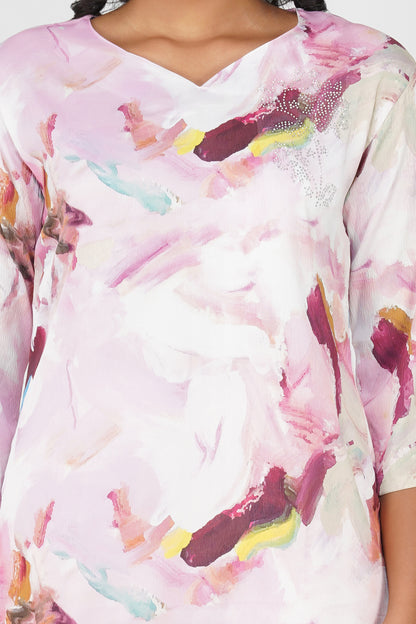 Pink Swarovski Printed Tunic Set – Casual Co-ord with Straight Pants
