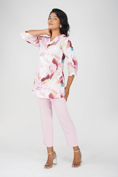Pink Swarovski Printed Tunic Set – Casual Co-ord with Straight Pants