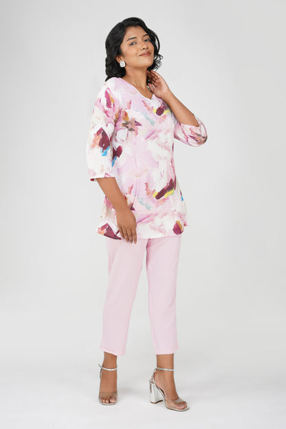 Pink Swarovski Printed Tunic Set – Casual Co-ord with Straight Pants