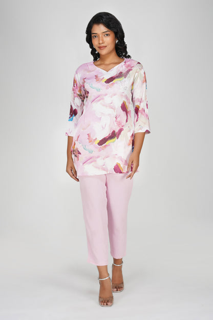 Pink Swarovski Printed Tunic Set – Casual Co-ord with Straight Pants