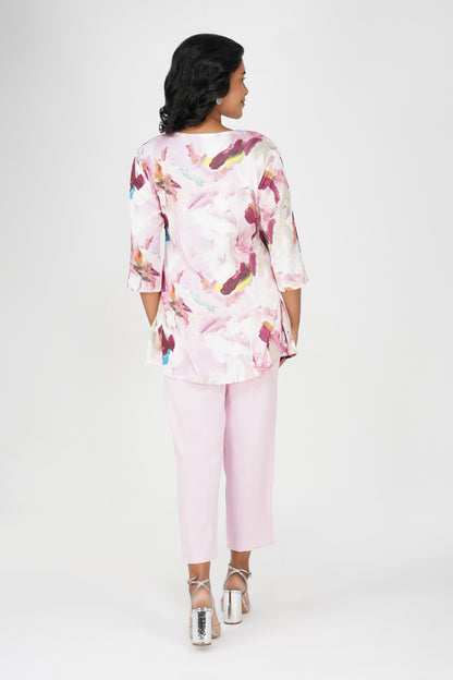 Pink Swarovski Printed Tunic Set – Casual Co-ord with Straight Pants