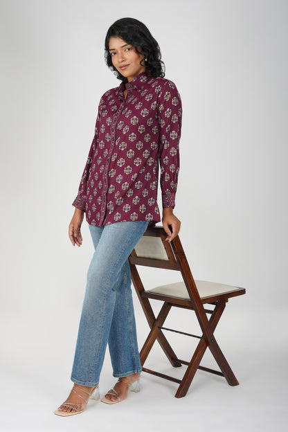 Block Print for Beach Shirt – Wine Linen Blend with Contrast Details