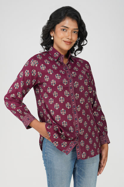 Block Print for Beach Shirt – Wine Linen Blend with Contrast Details