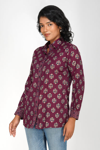 Block Print for Beach Shirt – Wine Linen Blend with Contrast Details