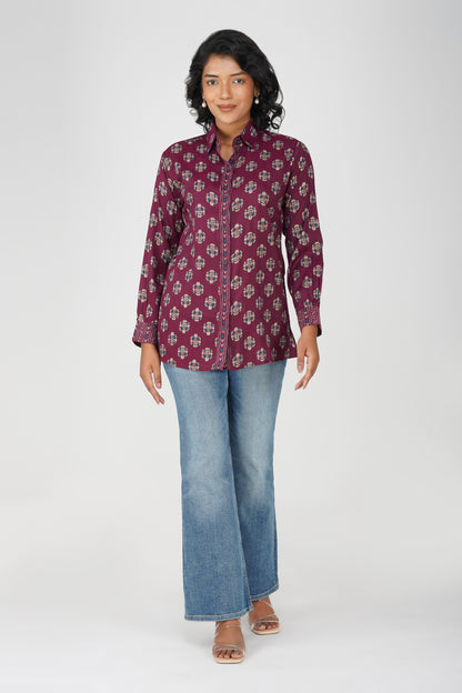 Block Print for Beach Shirt – Wine Linen Blend with Contrast Details