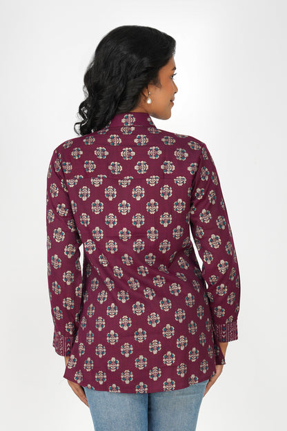 Block Print for Beach Shirt – Wine Linen Blend with Contrast Details