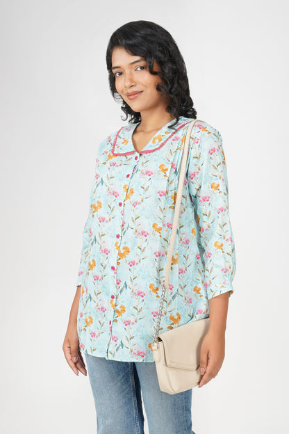 Blush Bib Collar Cotton Shirt – Sky Blue Floral Print