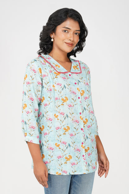 Blush Bib Collar Cotton Shirt – Sky Blue Floral Print