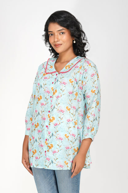 Blush Bib Collar Cotton Shirt – Sky Blue Floral Print