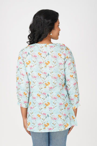 Blush Bib Collar Cotton Shirt – Sky Blue Floral Print
