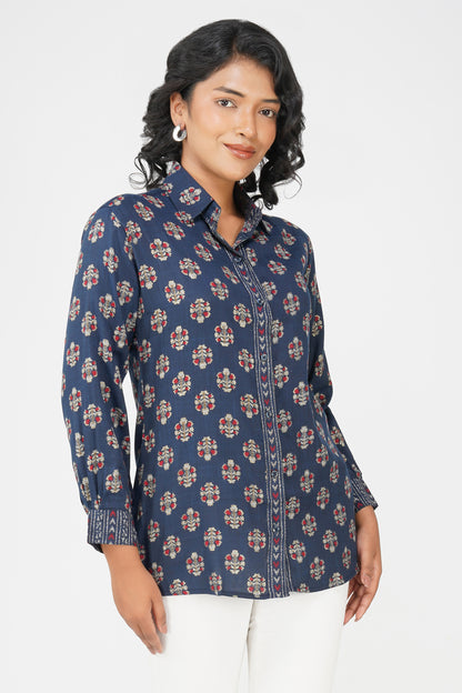Block Print for Beach Shirt – Navy Linen Blend with Contrast Details