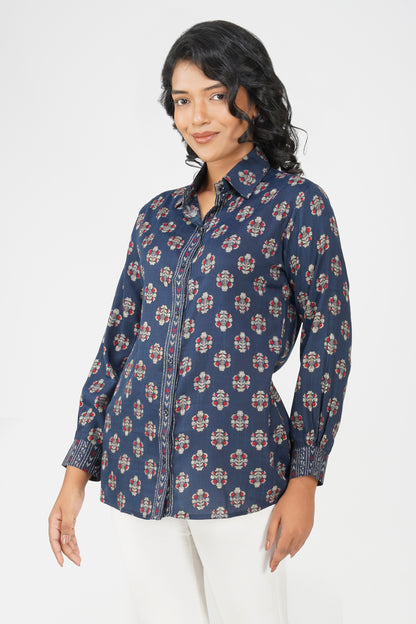 Block Print for Beach Shirt – Navy Linen Blend with Contrast Details