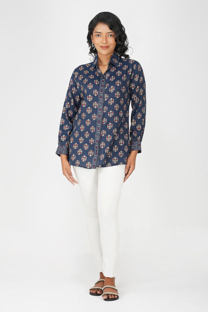Block Print for Beach Shirt – Navy Linen Blend with Contrast Details