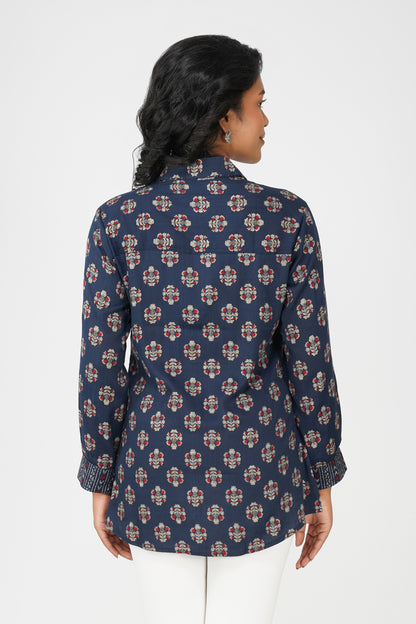 Block Print for Beach Shirt – Navy Linen Blend with Contrast Details