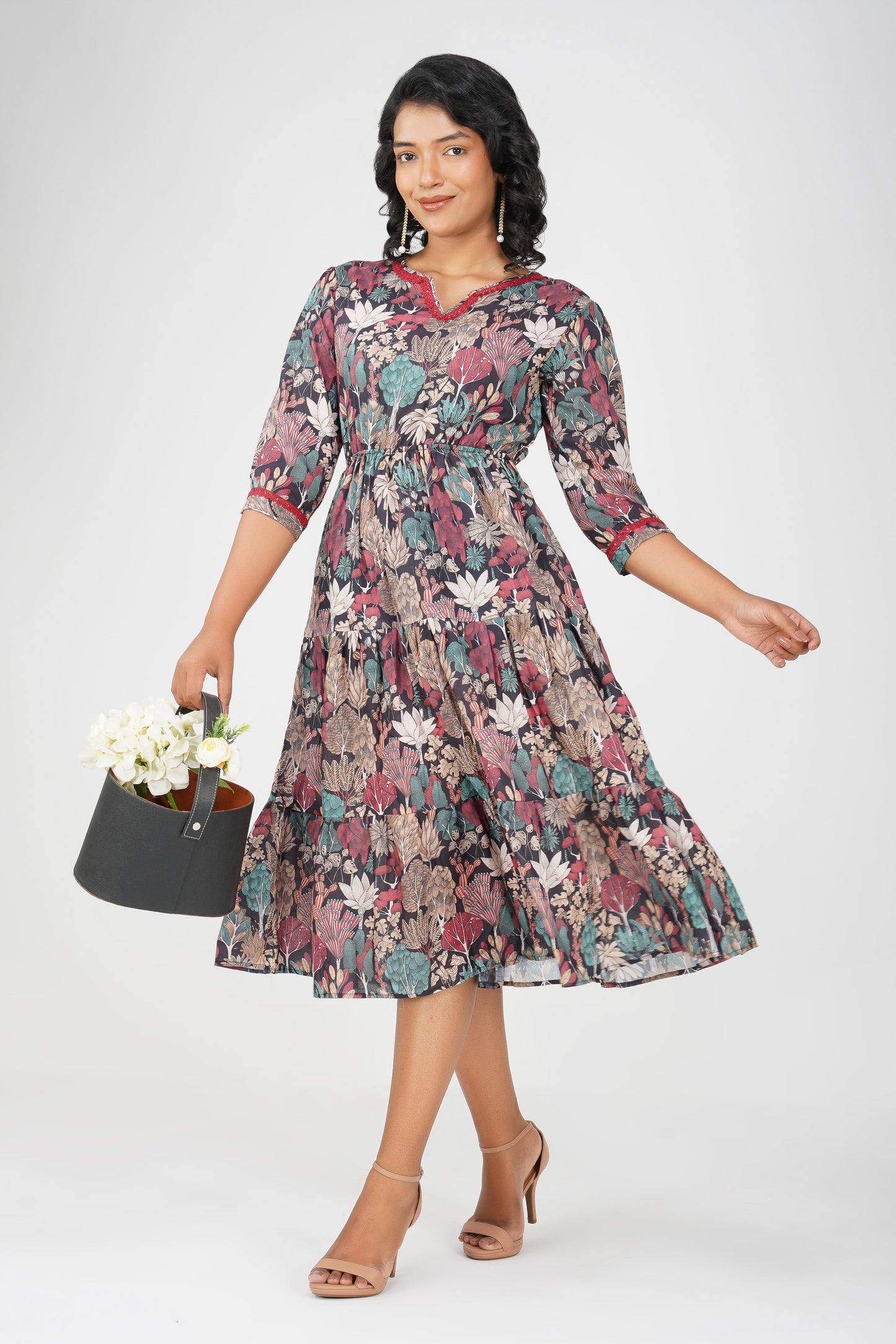 Eva Black Forest Print Cotton Blend Tier Midi Dress