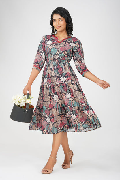 Eva Black Forest Print Cotton Blend Tier Midi Dress