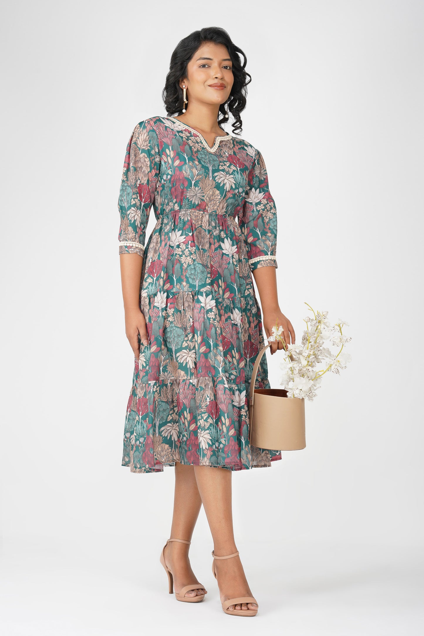 Eva Green Forest Print Cotton Blend Tier Midi Dress