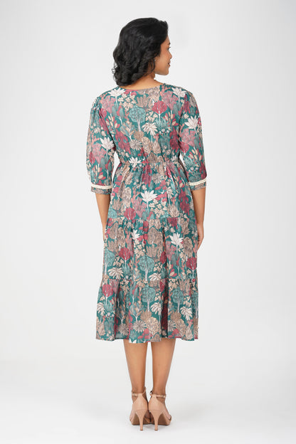 Eva Green Forest Print Cotton Blend Tier Midi Dress