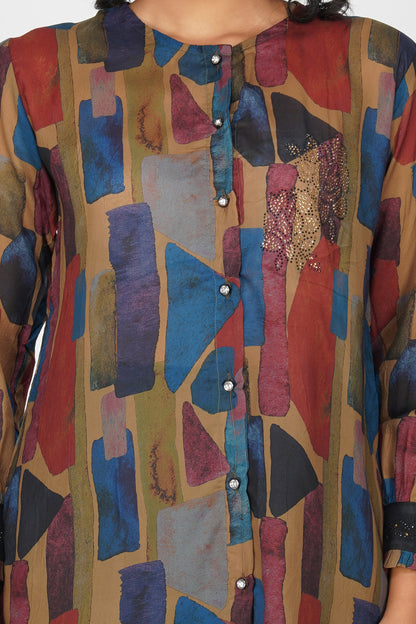 Swarovski Mustard Stone Embellsihed Printed Tunic with Pant Co-ords