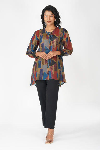 Swarovski Mustard Stone Embellsihed Printed Tunic with Pant Co-ords