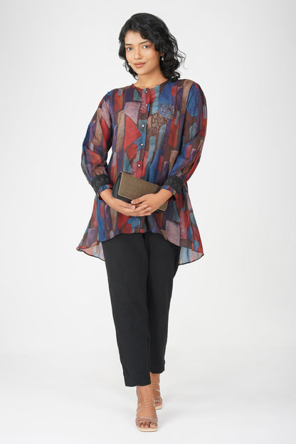 Coffee Multicolour Swarovski Tunic Set – Printed Festive Co-ord with Pants