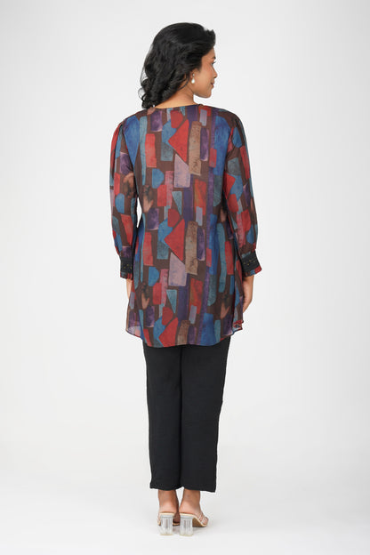 Coffee Multicolour Swarovski Tunic Set – Printed Festive Co-ord with Pants