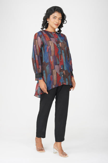 Coffee Multicolour Swarovski Tunic Set – Printed Festive Co-ord with Pants