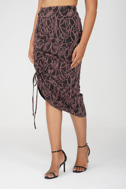 Rosé Noir Black-Pink Metallic Drawstring Bodycon Skirt