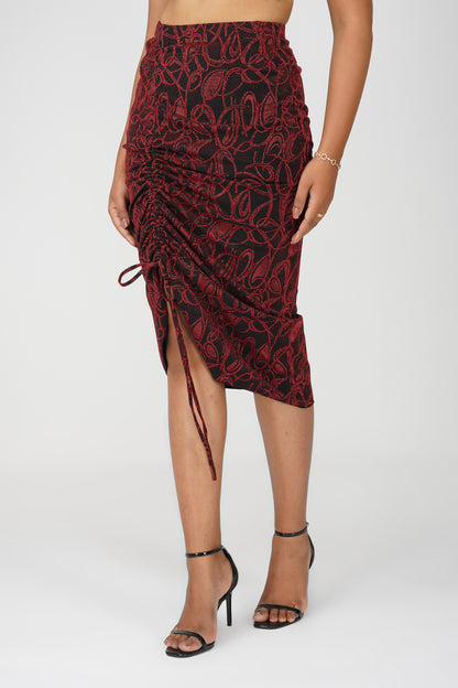 Noir Rouge Black-Red Metallic Drawstring Bodycon Skirt