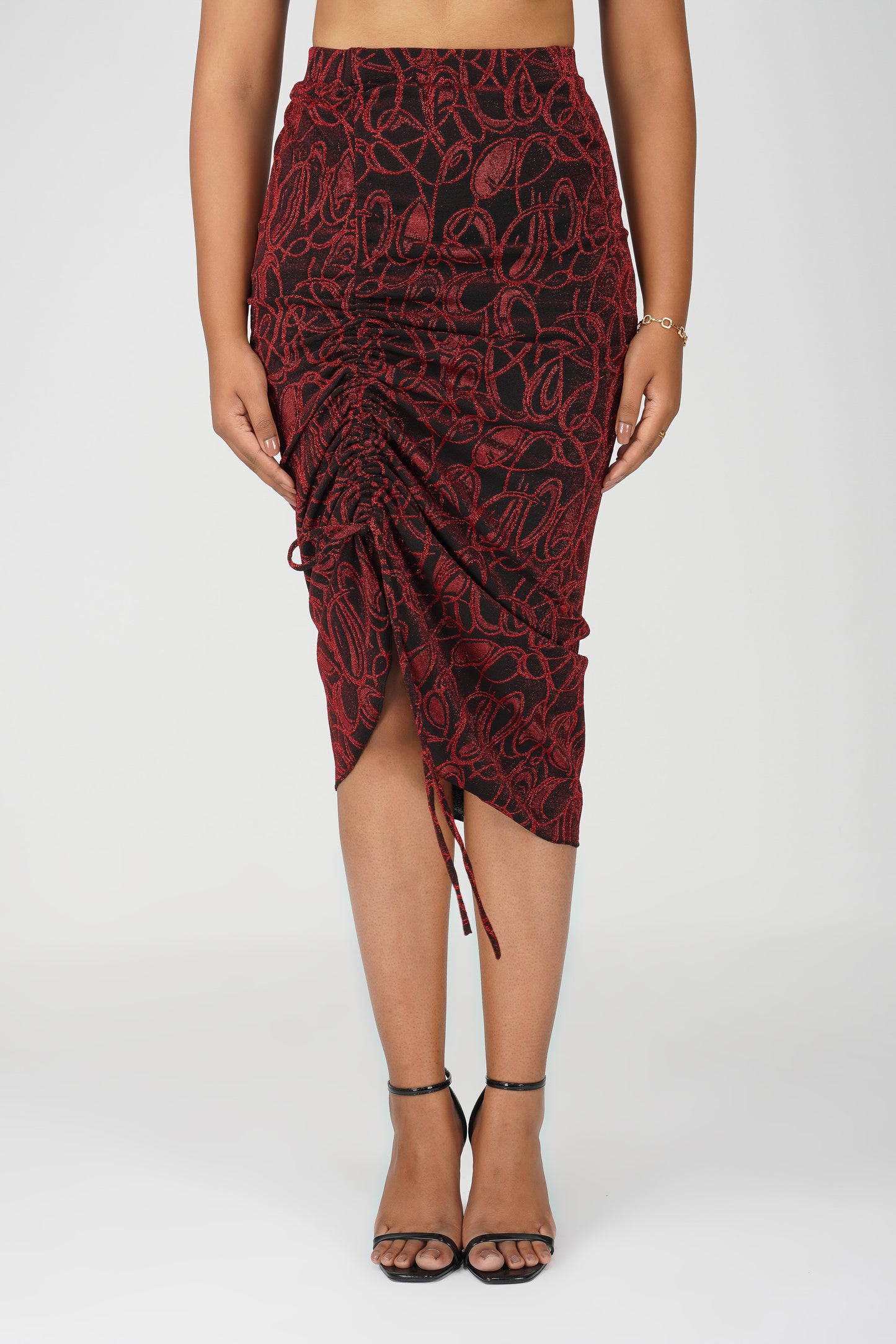 Noir Rouge Black-Red Metallic Drawstring Bodycon Skirt