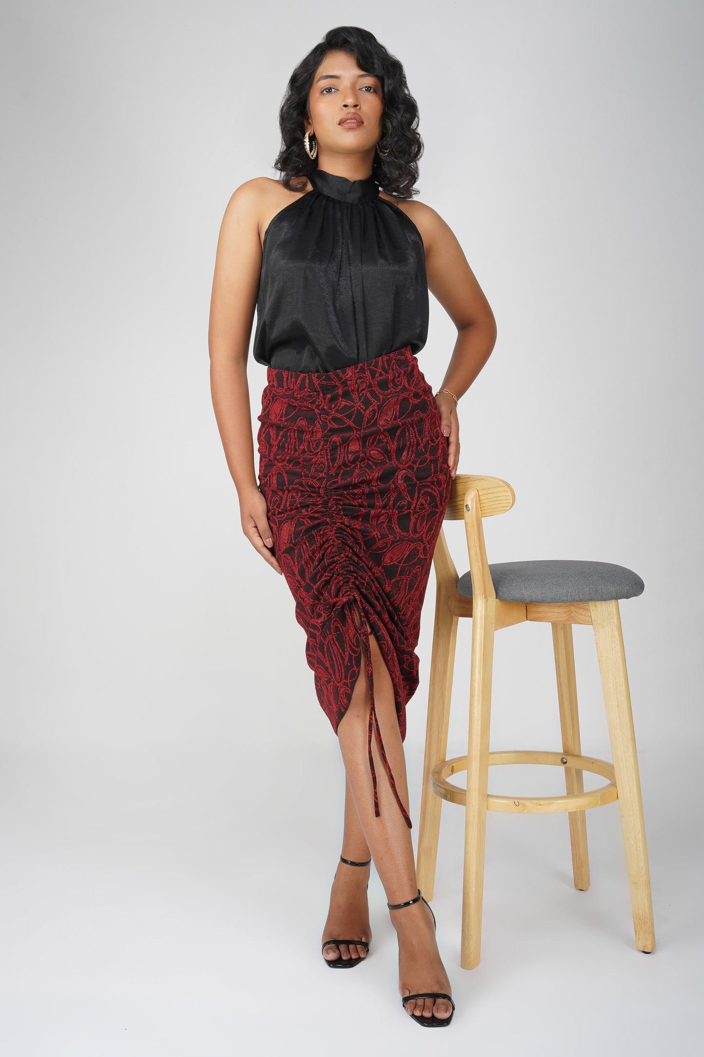 Noir Rouge Black-Red Metallic Drawstring Bodycon Skirt