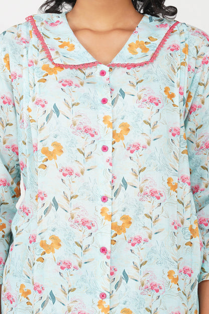 Blush Bib Collar Cotton Shirt – Sky Blue Floral Print