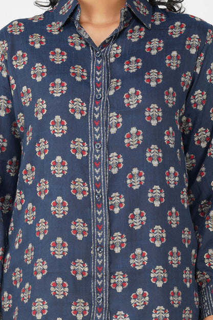 Block Print for Beach Shirt – Navy Linen Blend with Contrast Details