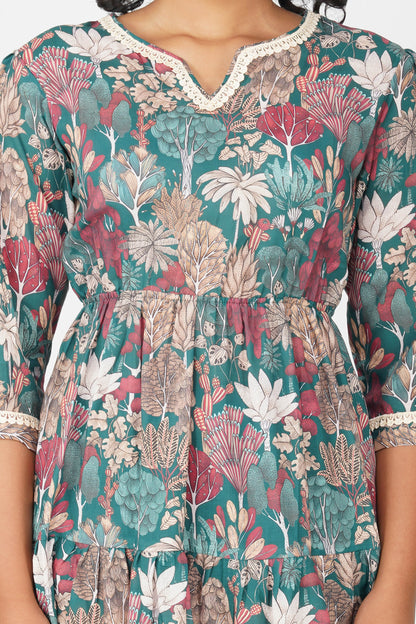 Eva Green Forest Print Cotton Blend Tier Midi Dress