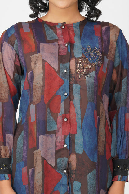 Coffee Multicolour Swarovski Tunic Set – Printed Festive Co-ord with Pants
