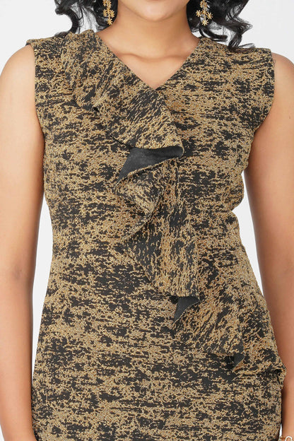 Metallic Ruffle Body-con Dress Black Gold