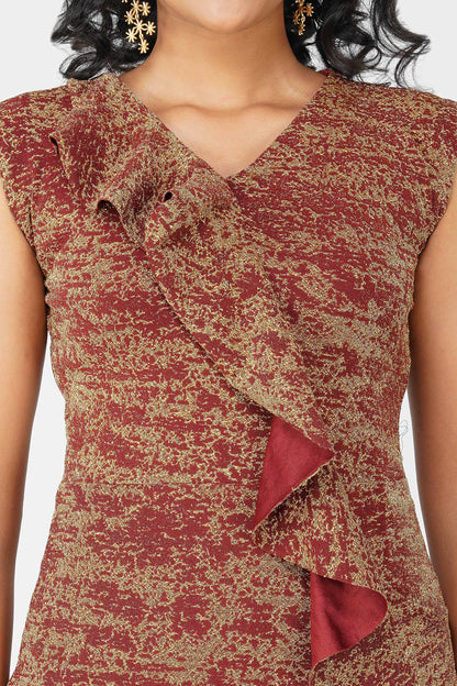 Metallic Ruffle Body-con Dress Maroon
