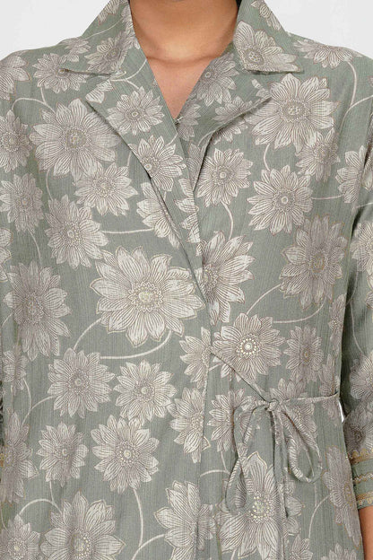 Laila Co-ord Set – Sage Green Floral Jacket Style Top with Solid Pants (2-Piece Set)
