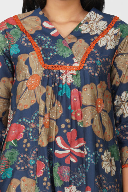 Sia Navy Floral Illustration Co-ord Set – Flared Kurta & Printed Palazzo Pants