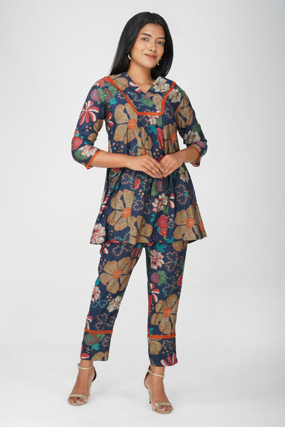 Sia Navy Floral Illustration Co-ord Set – Flared Kurta & Printed Palazzo Pants