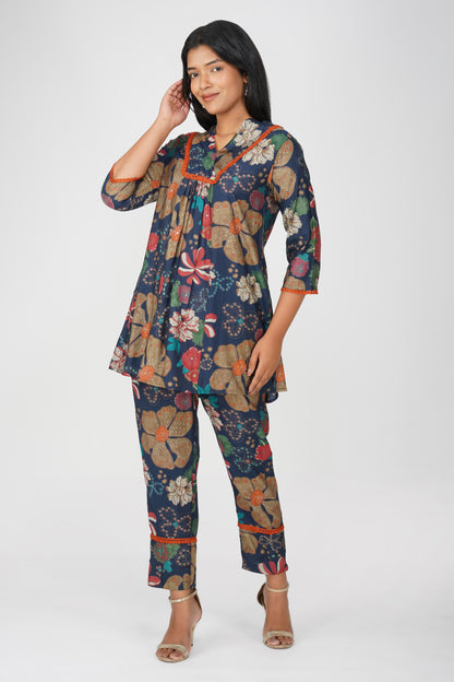 Sia Navy Floral Illustration Co-ord Set – Flared Kurta & Printed Palazzo Pants
