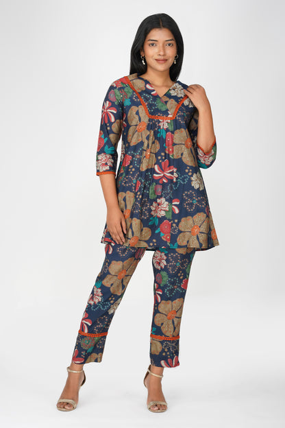 Sia Navy Floral Illustration Co-ord Set – Flared Kurta & Printed Palazzo Pants